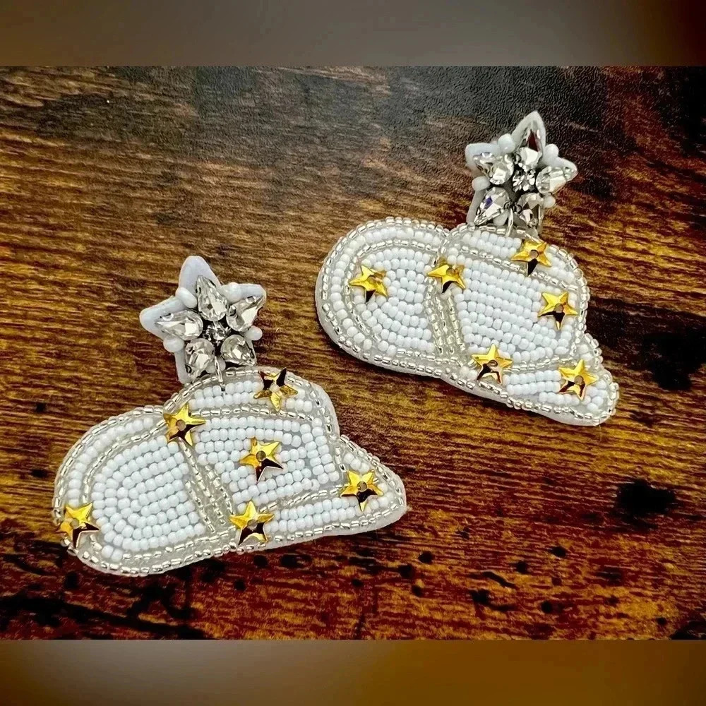 Cowboy Hat White Beaded Earrings.​
